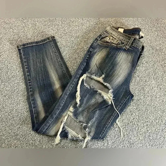 KanCan Women’s Jeans Size 25 Mid Rise Boyfriend Cropped Distressed Blue #1863 - Picture 8 of 9